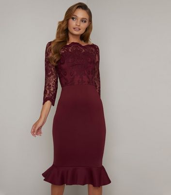 burgundy lace dress midi