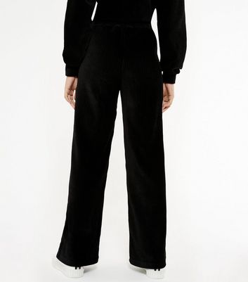 Black Ribbed Velvet Wide Leg Joggers 