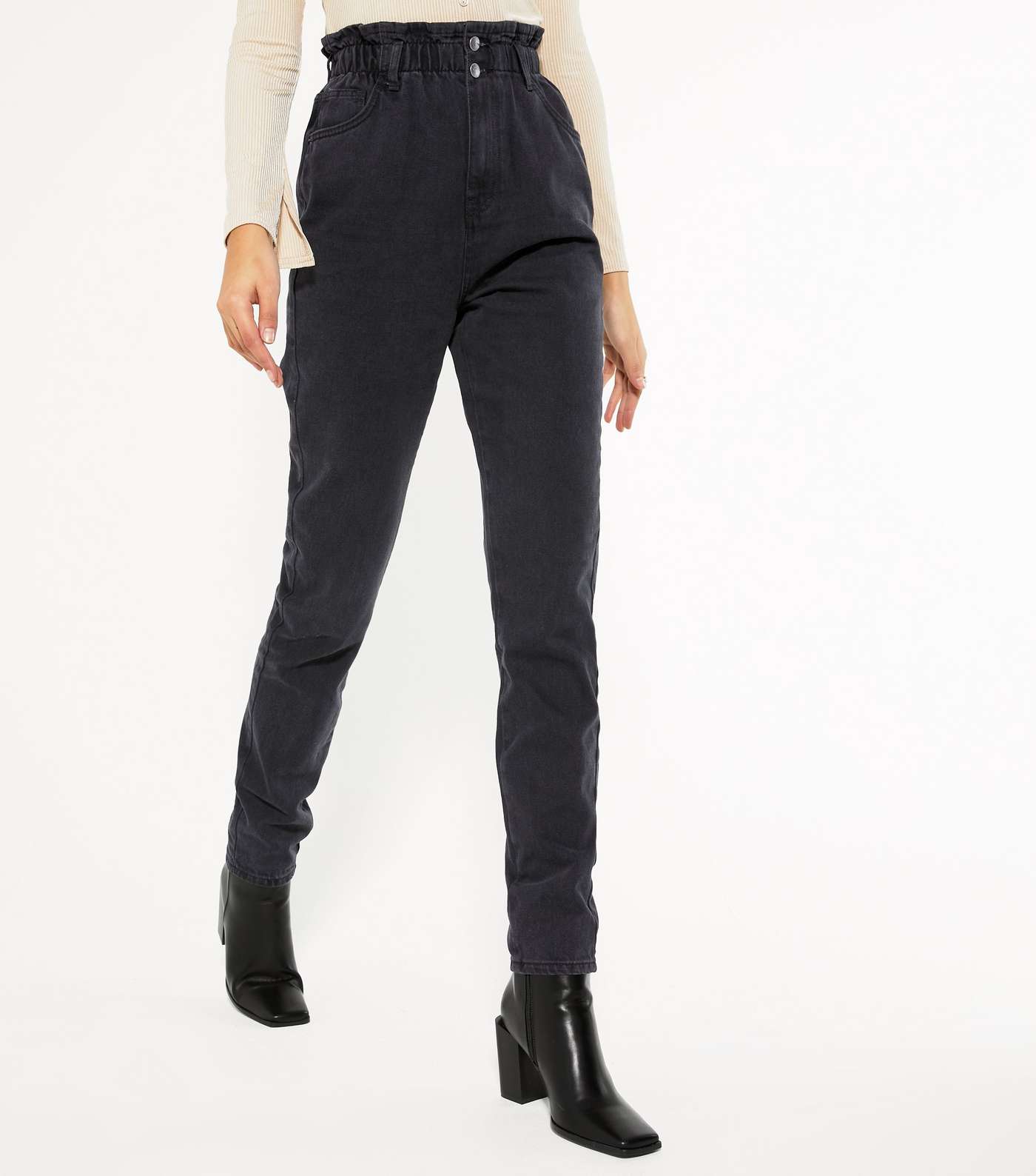 Tall Black Elasticated High Waist Tori Mom Jeans Image 2