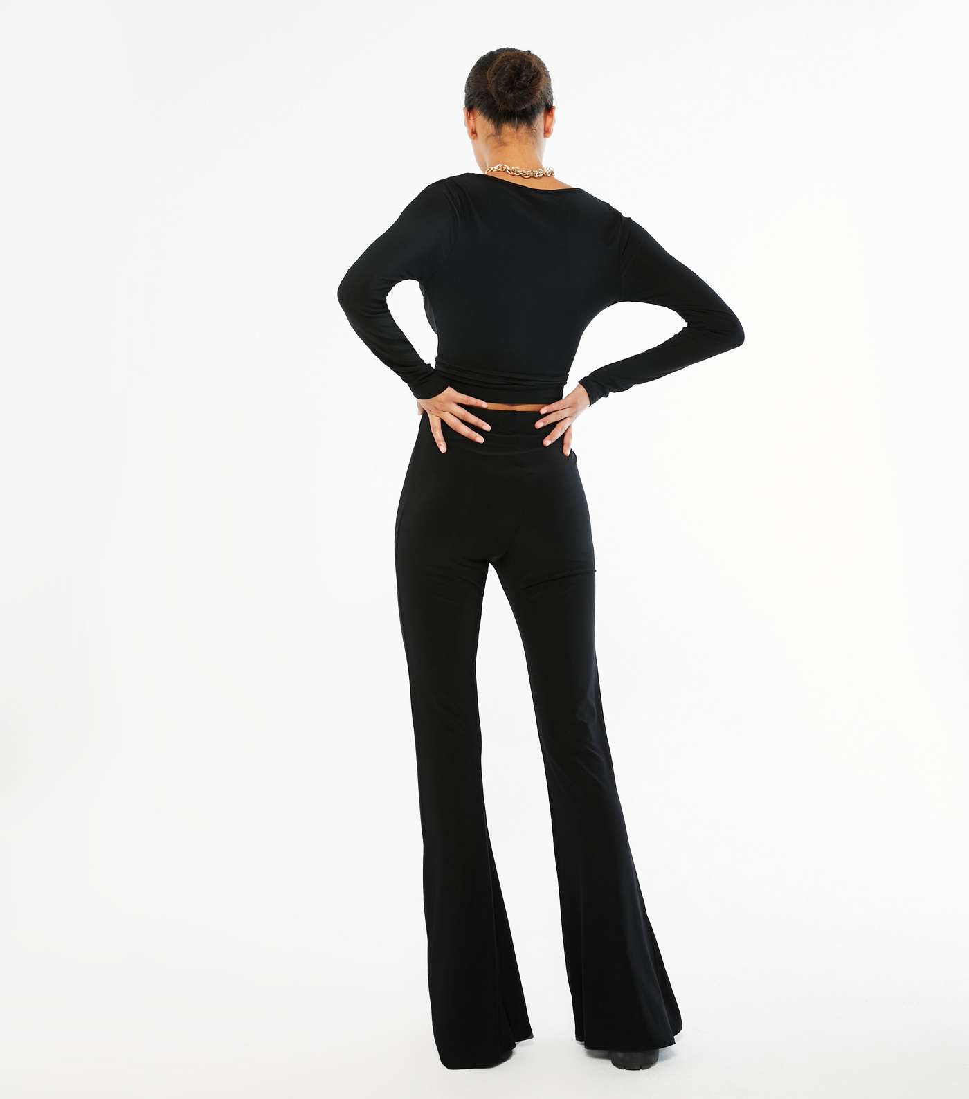 Black Slinky Wrap Top and Flared Trouser Set  Image 3
