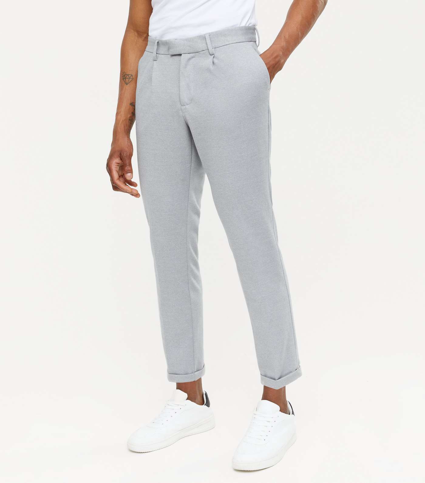 Pale Grey Cuffed Slim Fit Trousers Image 2