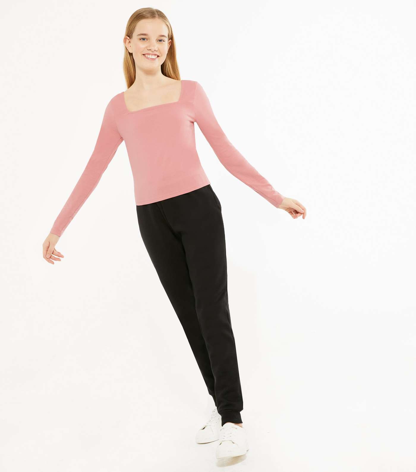 Girls Pink Square Neck Long Sleeve Top Image 2