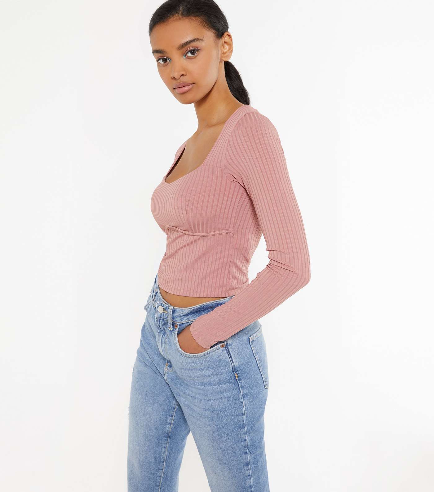 Mid Pink Ribbed Bustier Long Sleeve Top