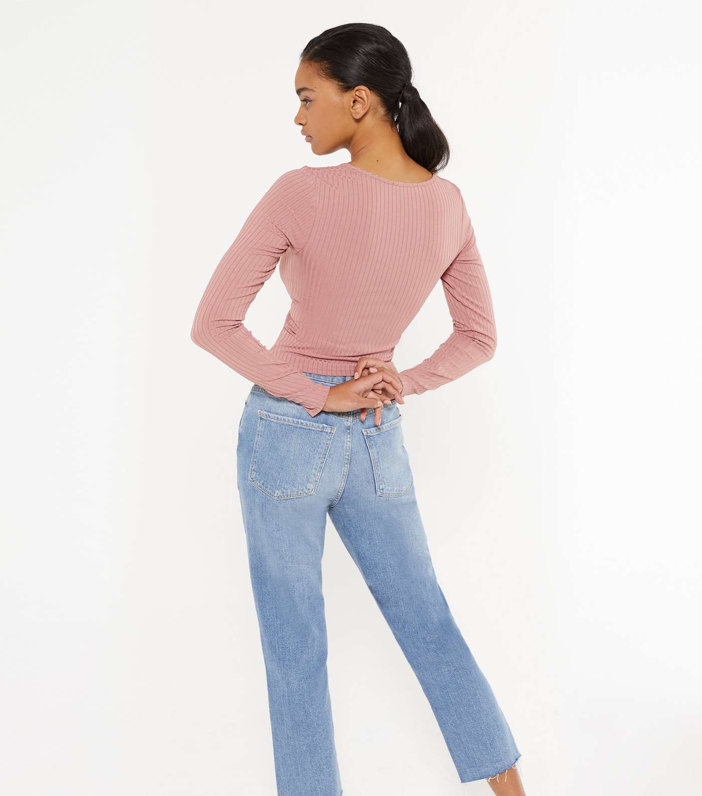 Mid Pink Ribbed Bustier Long Sleeve Top Image 3