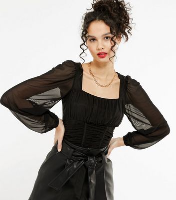 Black Ruched Mesh Puff Sleeve Top | New 