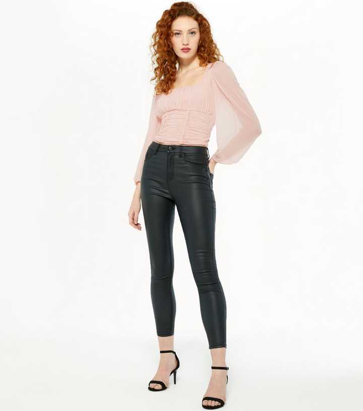 Stradivarius ruched mesh top in pink