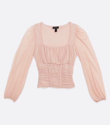 Image of Pink Ruched Mesh Puff Sleeve Top New Look