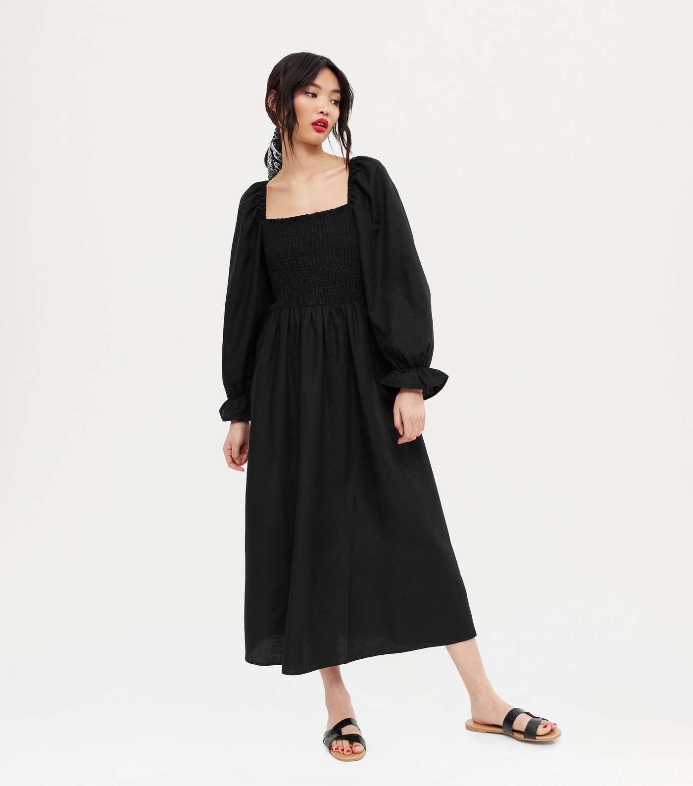 Black Shirred Puff Sleeve Midi Dress 