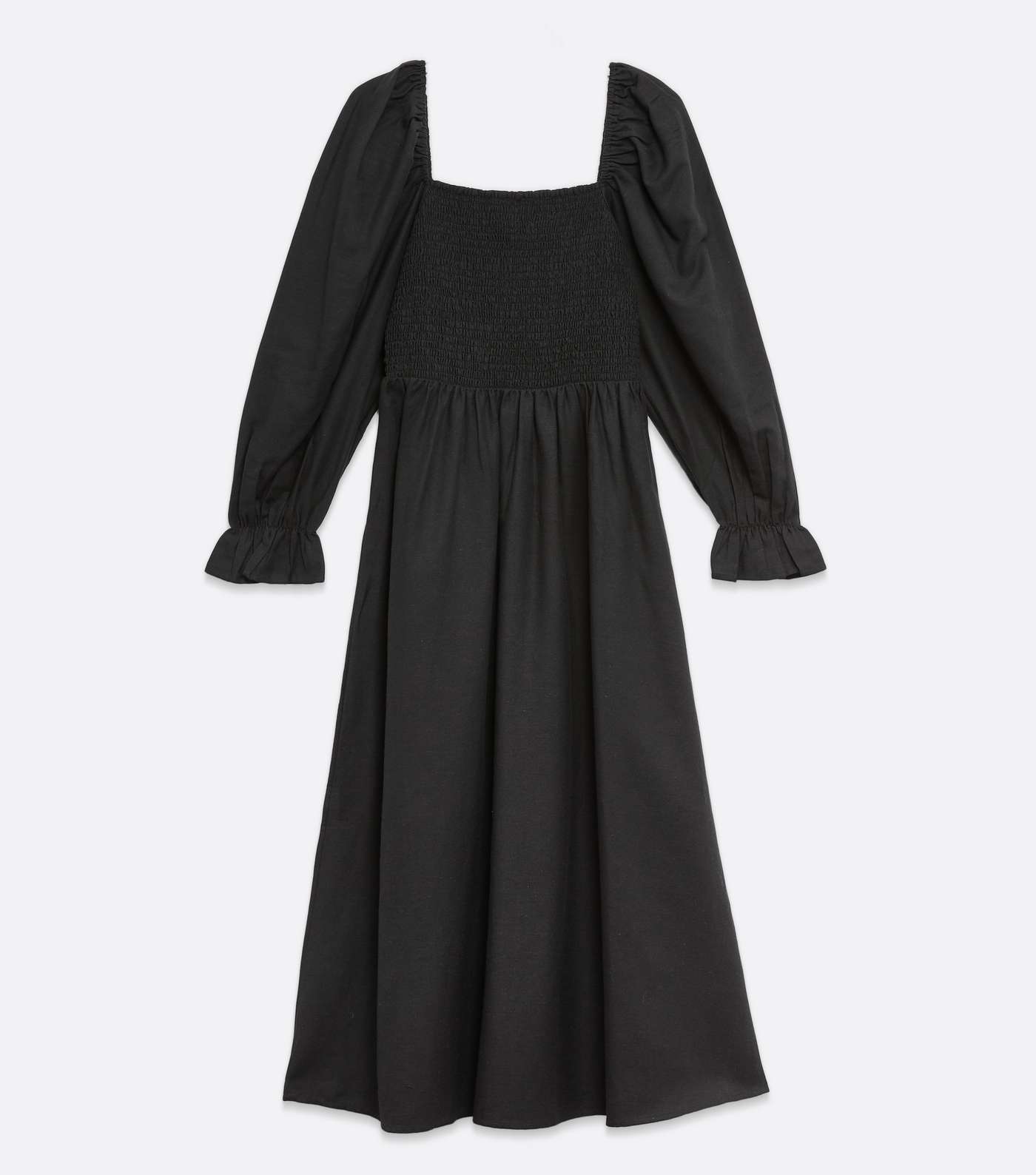 Black Shirred Puff Sleeve Midi Dress  Image 5