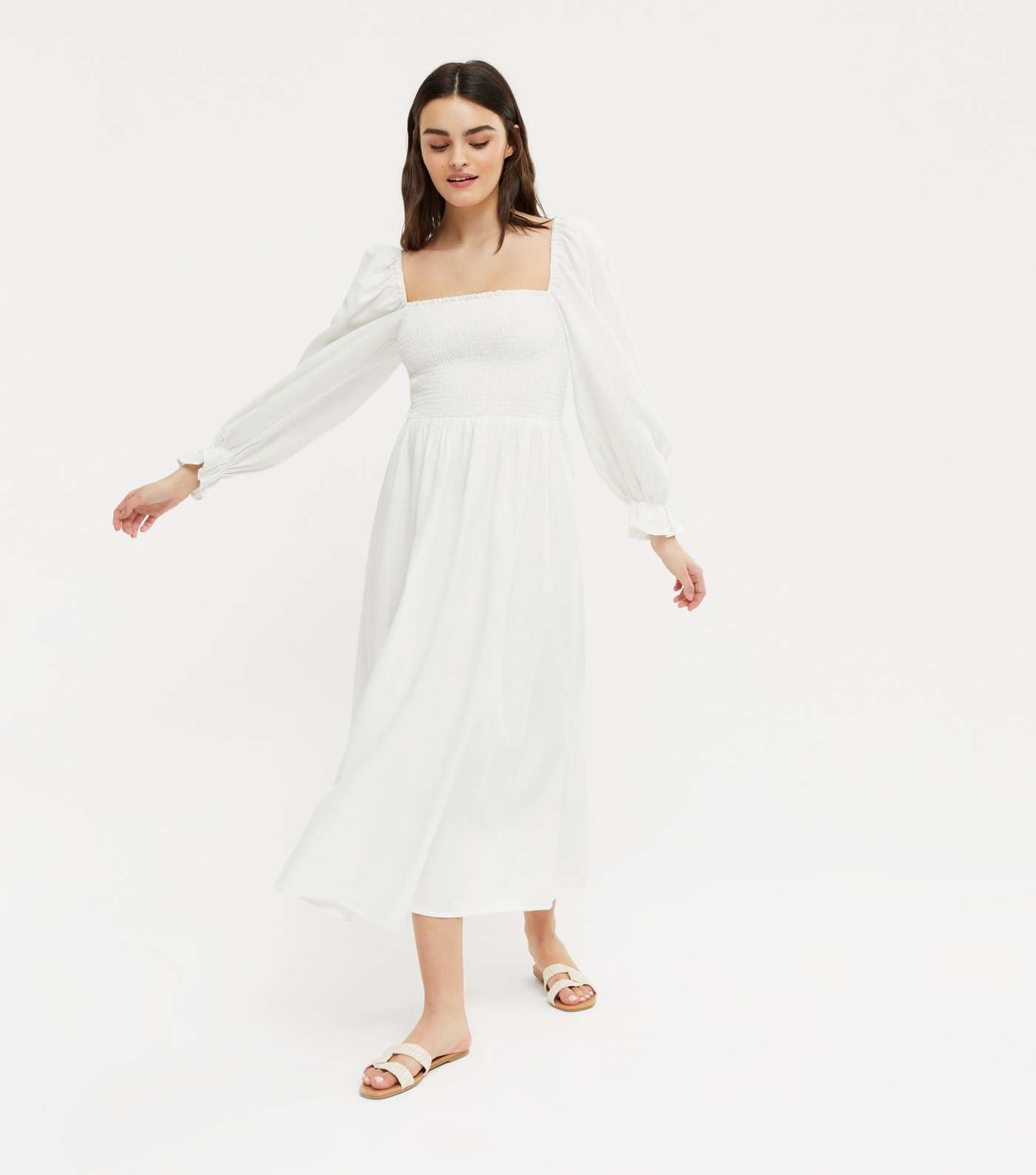 White Shirred Puff Sleeve Midi Dress 