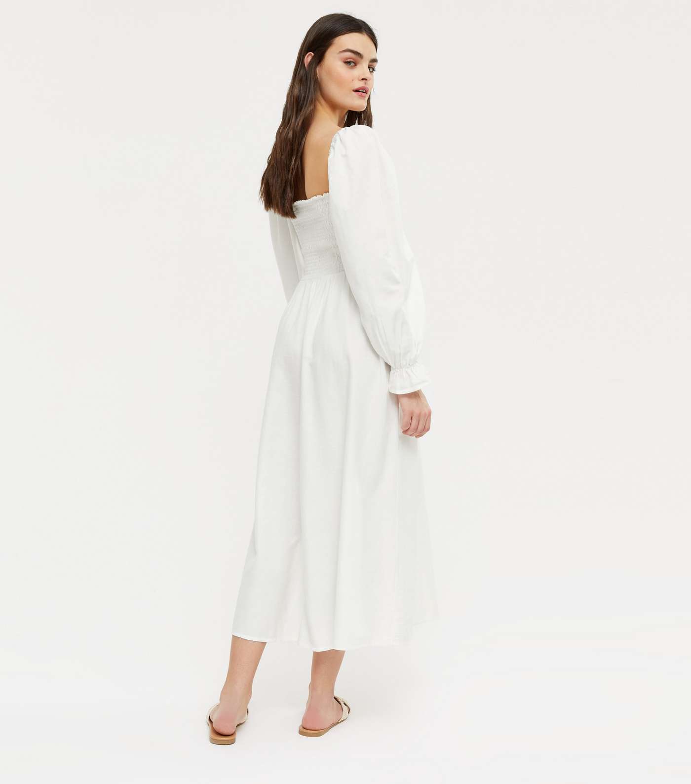 White Shirred Puff Sleeve Midi Dress  Image 3