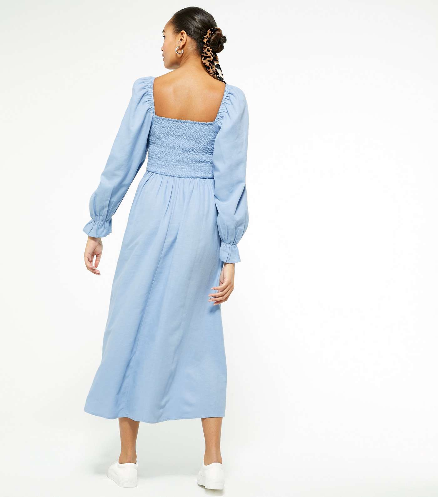 Pale Blue Shirred Puff Sleeve Midi Dress  Image 3