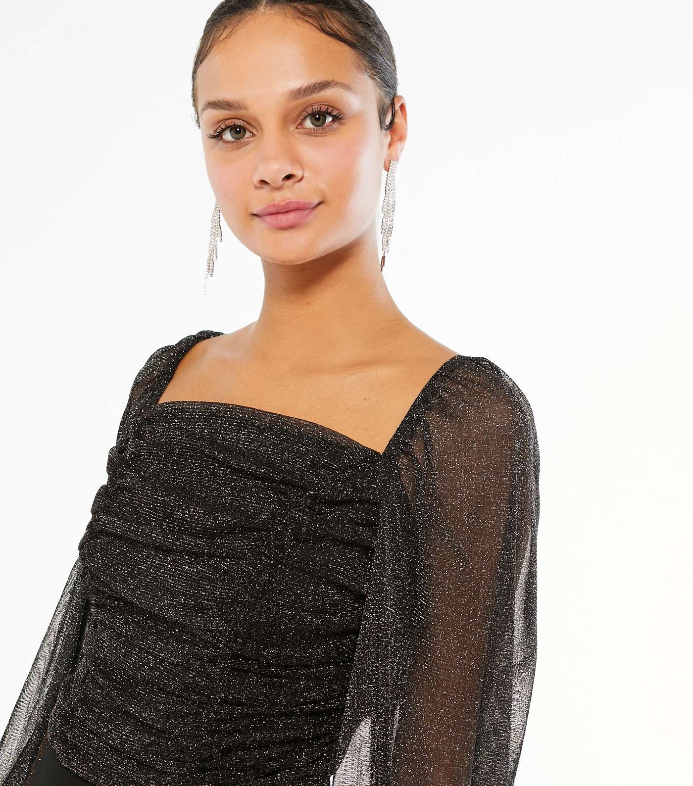 Black Glitter Mesh Ruched Top Image 4
