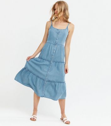 Pale Blue Denim Button Front Tiered Midi Dress | New Look