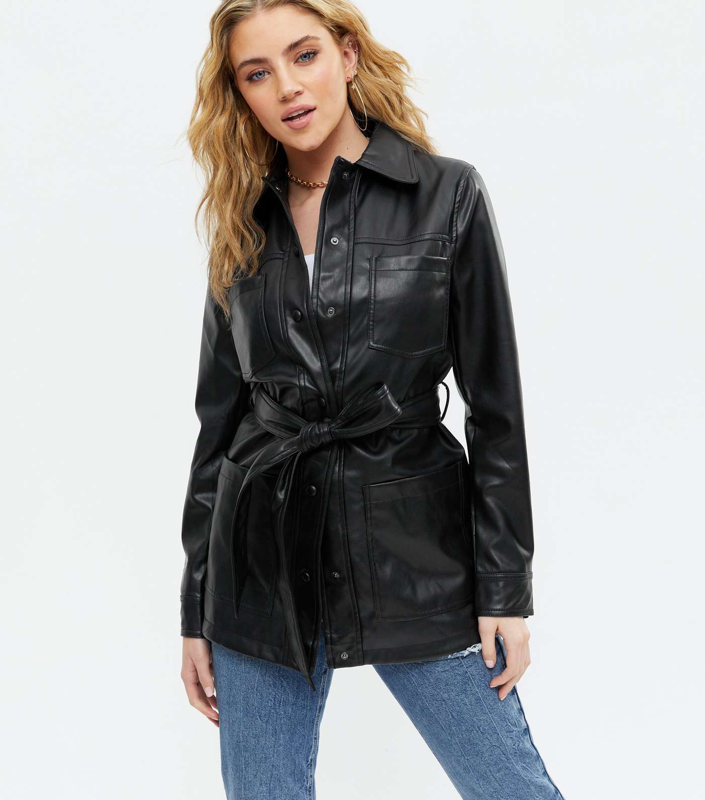 Black Leather-Look Belted Shacket 