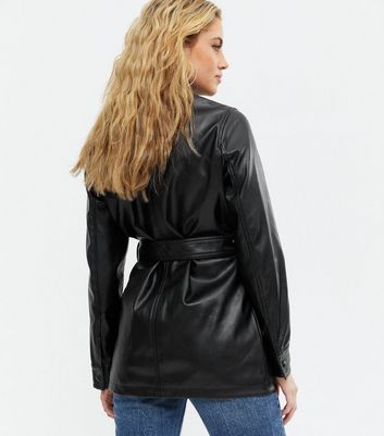 Black Leather-Look Belted Shacket | New 