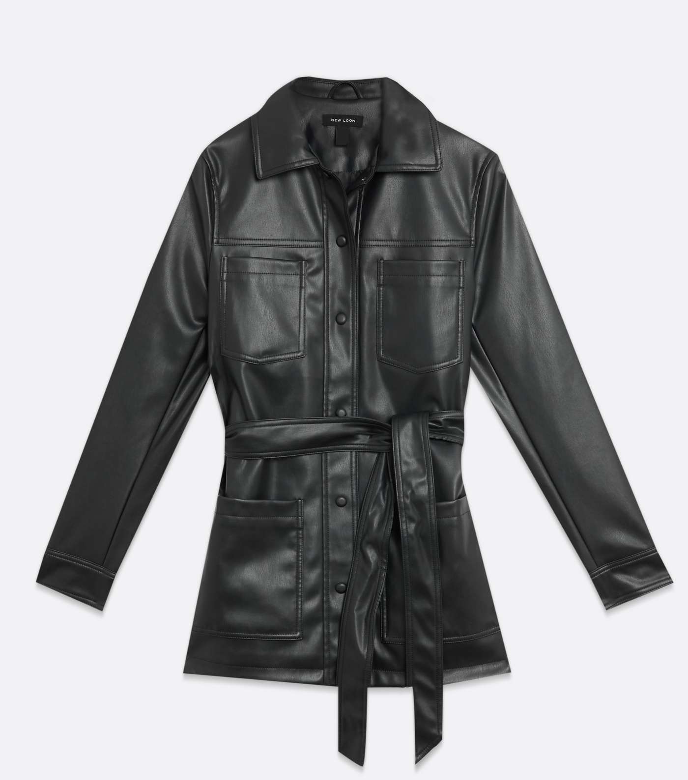 Black Leather-Look Belted Shacket  Image 5