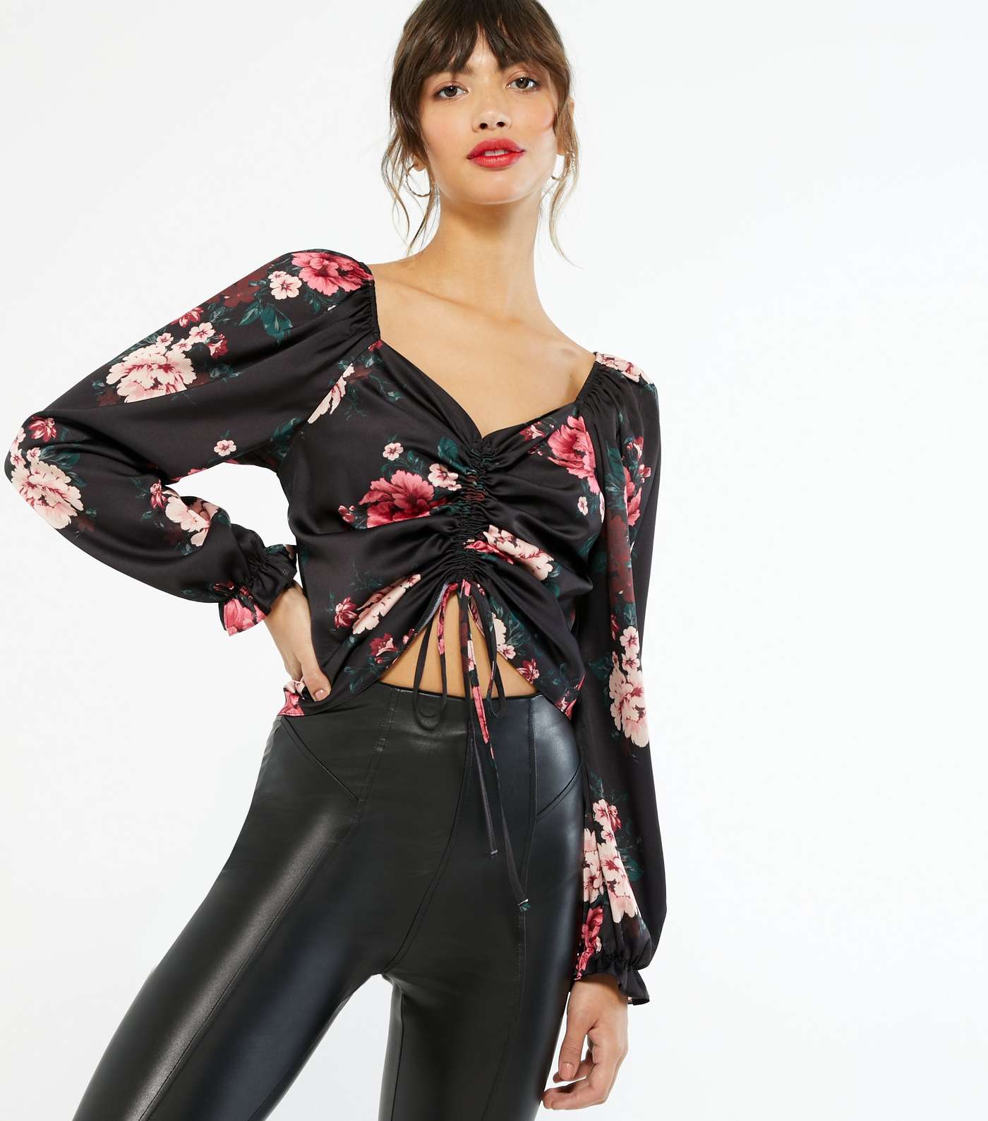 Black Floral Ruched Front Long Sleeve Top