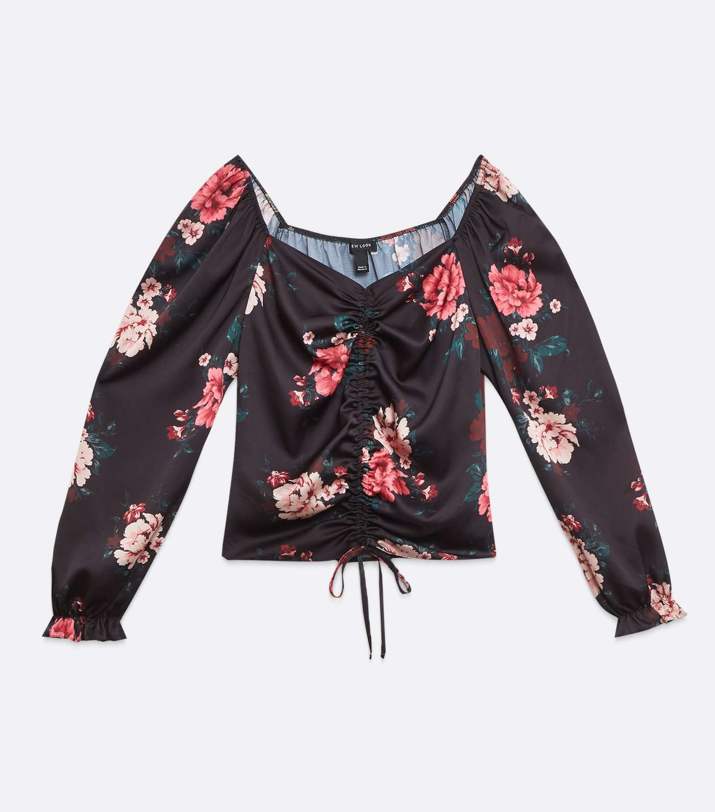 Black Floral Ruched Front Long Sleeve Top Image 5