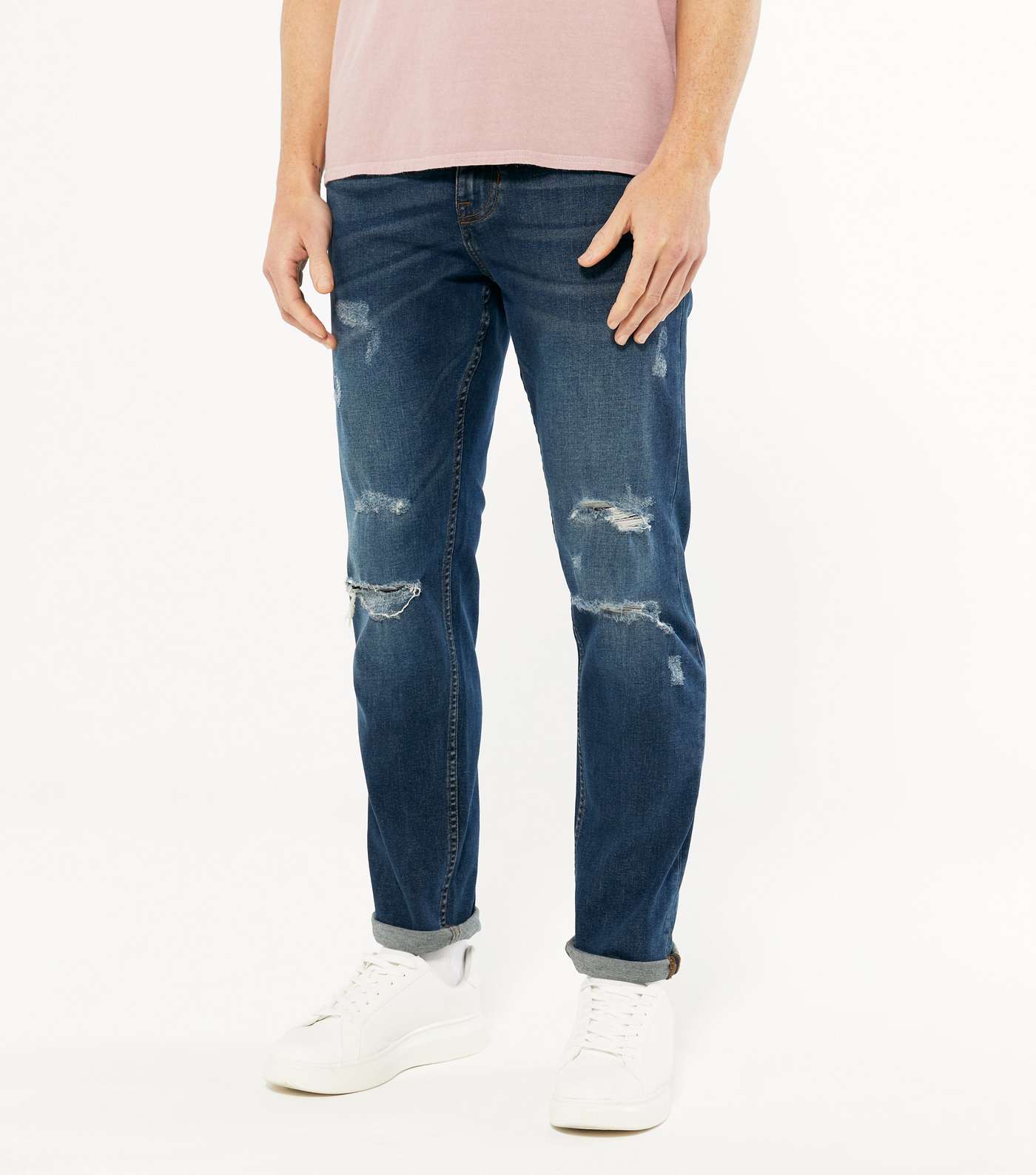 Blue Rinse Wash Ripped Slim Stretch Jeans Image 2