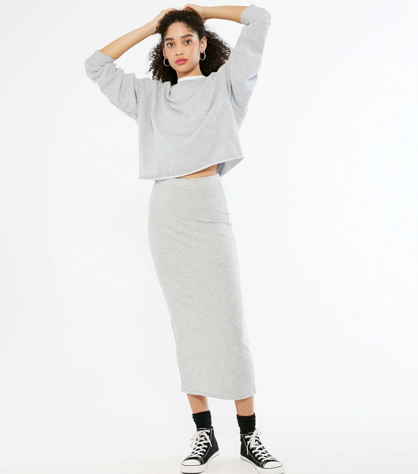 Grey Ribbed Midi Skirt 