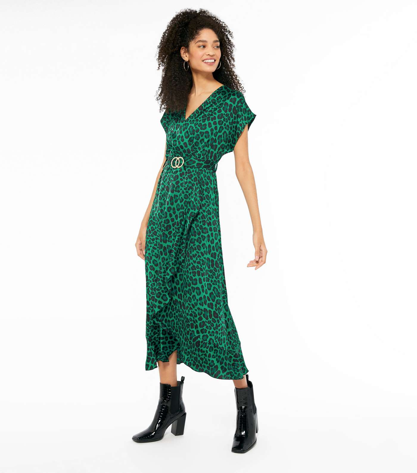 Green Leopard Print Satin Midi Dress 