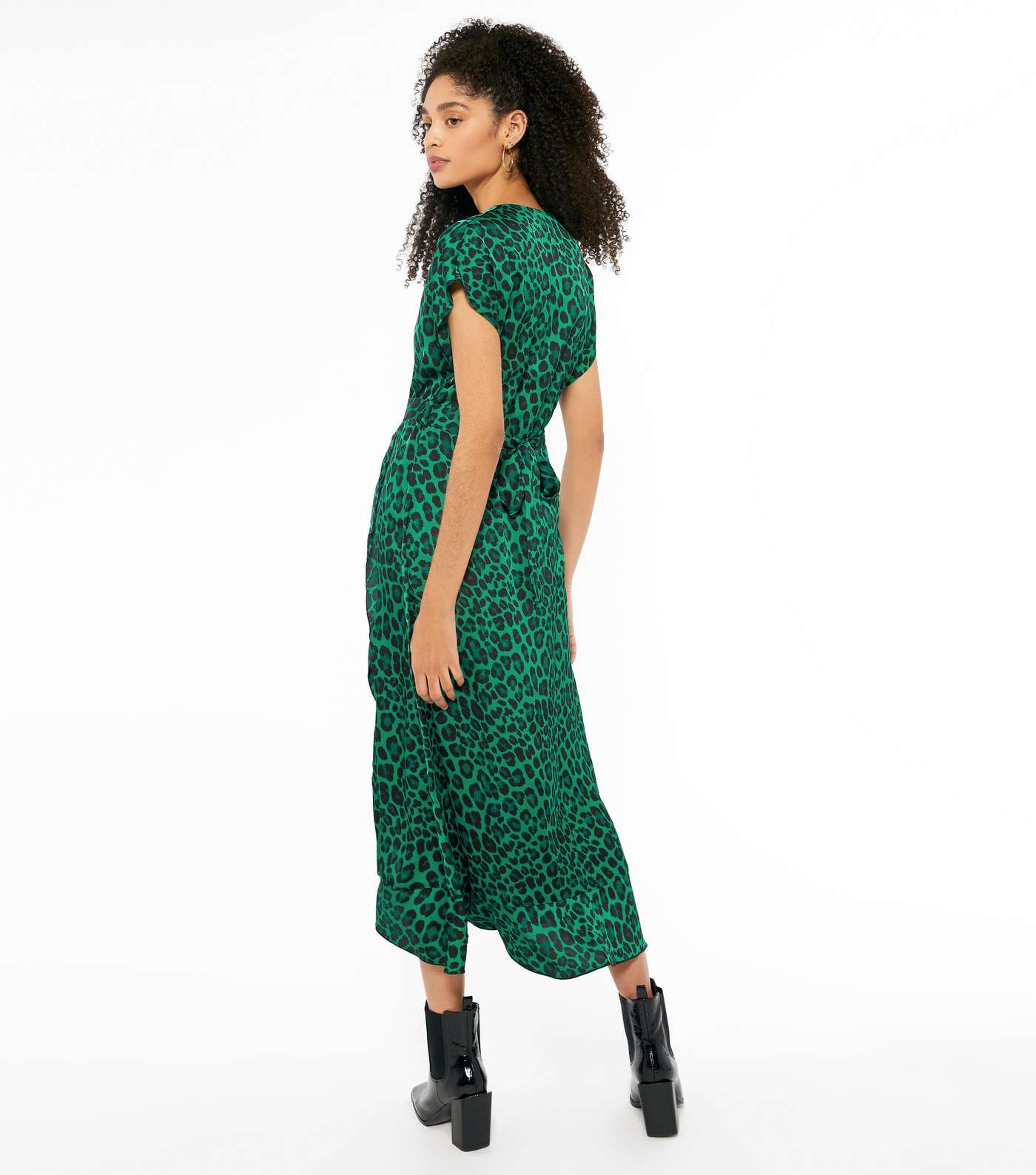 Green Leopard Print Satin Midi Dress  Image 3