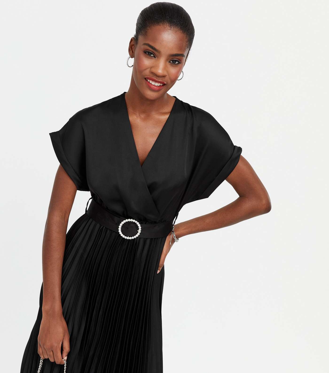 Black Satin Belted Pleated Midi Dress  Image 3