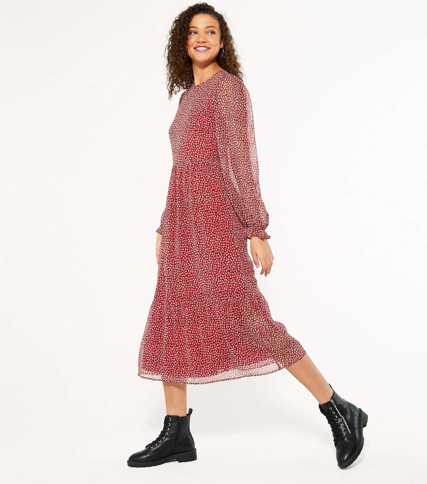 Tall Red Ditsy Floral Long Sleeve Midi Dress Image 2