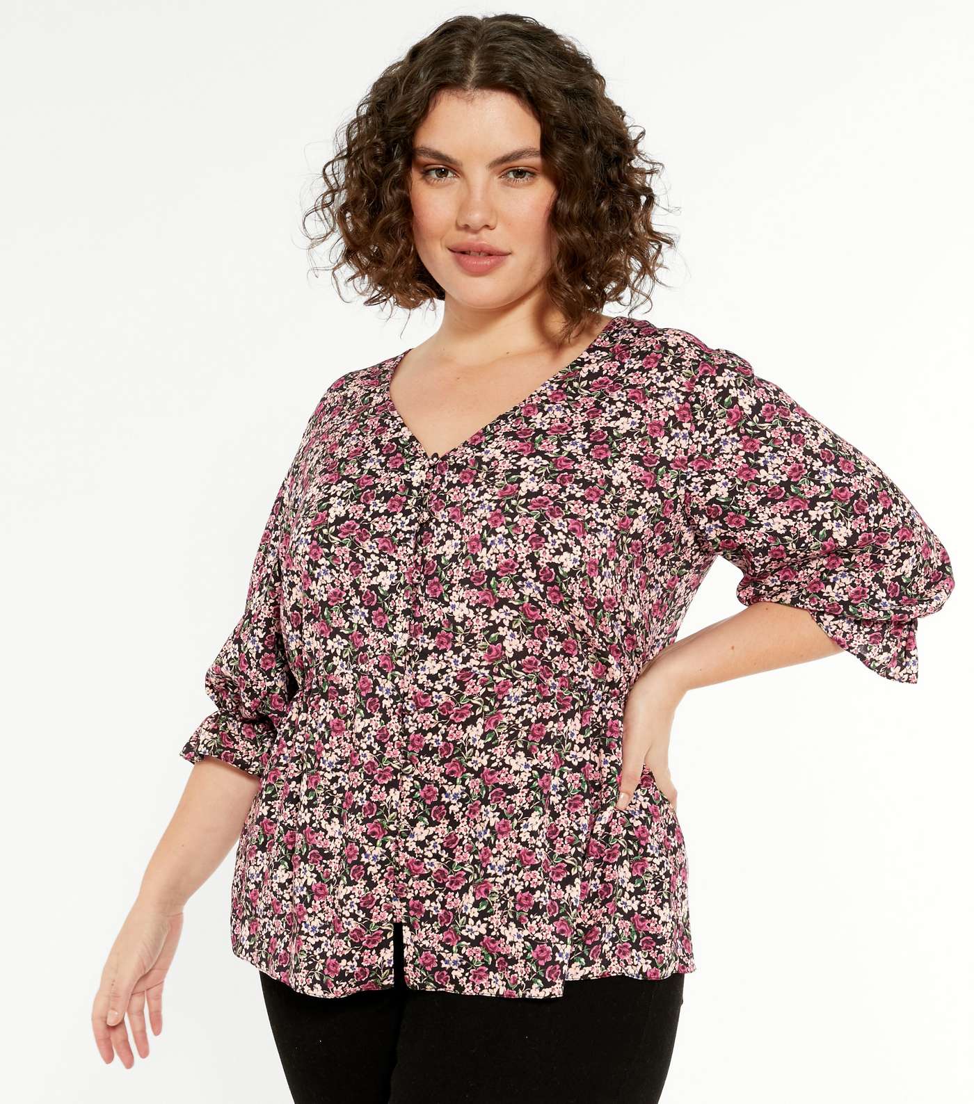 Curves Pink Floral Frill Button Top