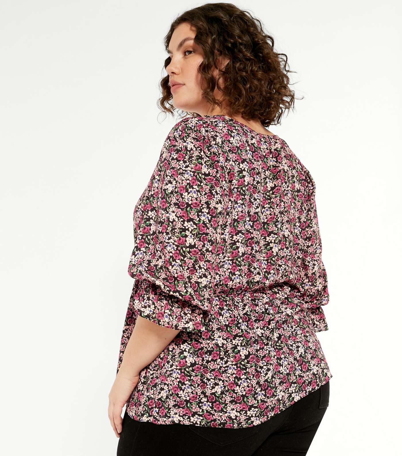 Curves Pink Floral Frill Button Top Image 3