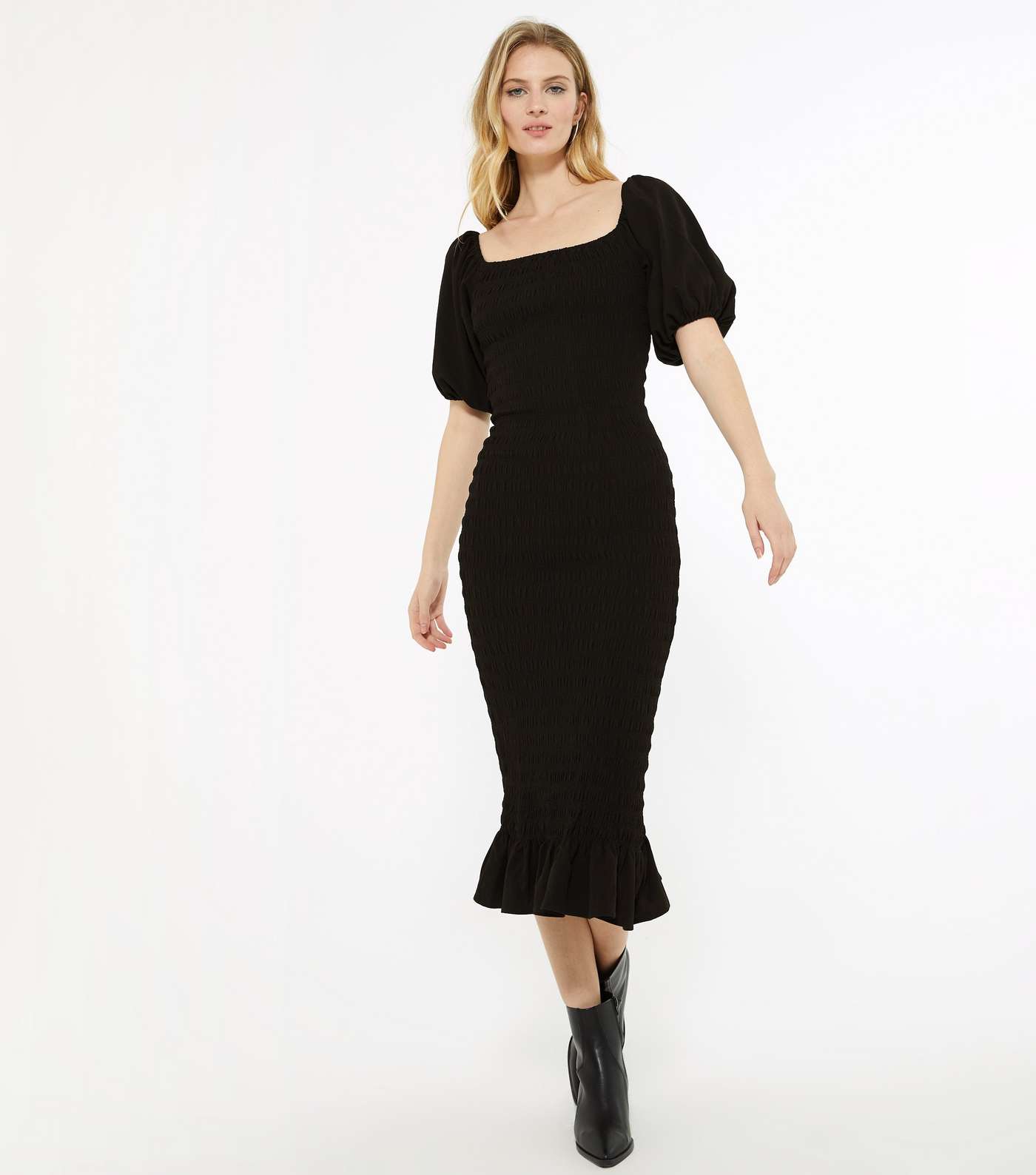 Tall Black Shirred Puff Sleeve Midi Dress Image 2