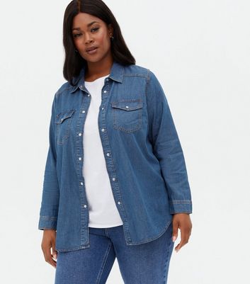 Curves Bright Blue Denim Shirt | New Look