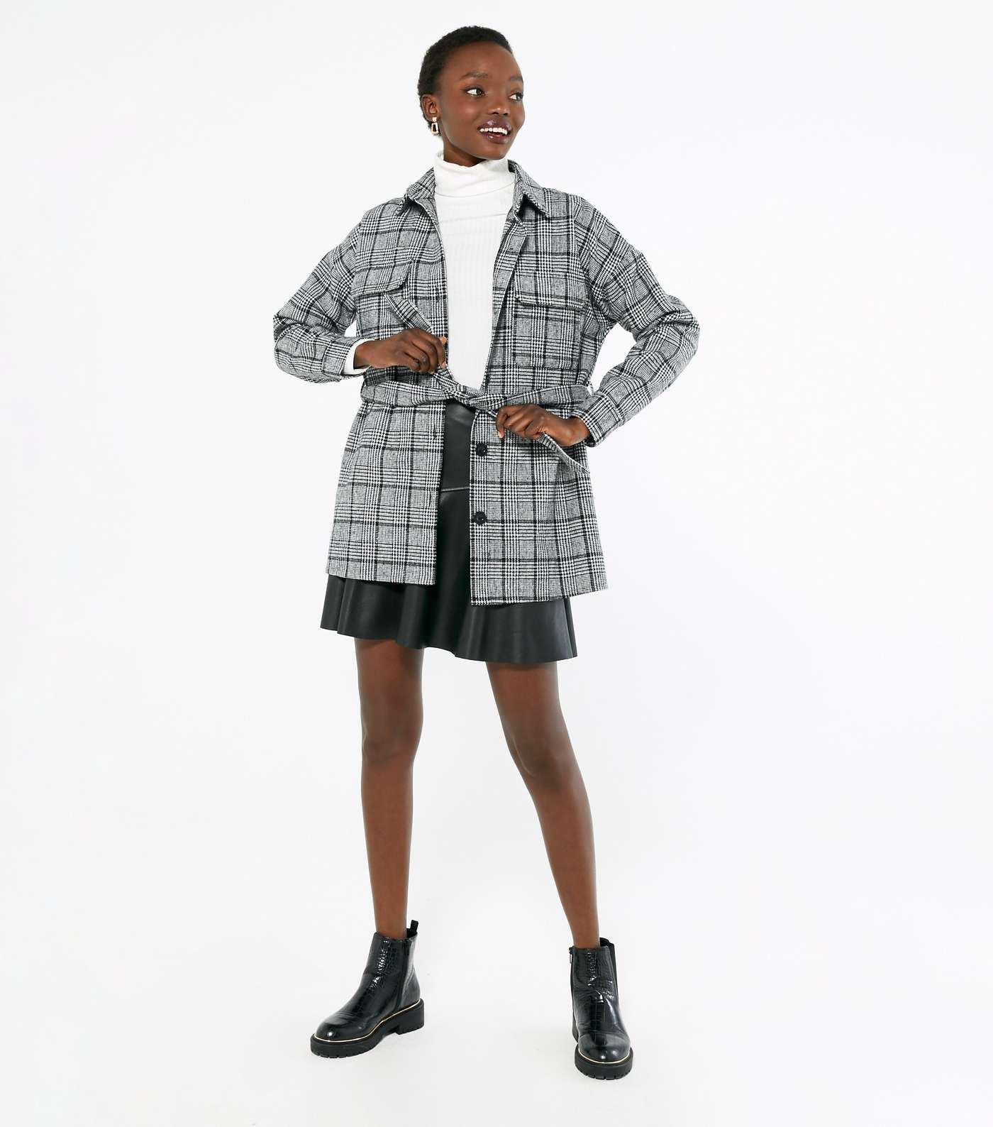 Black Check Tie Front Collared Shacket