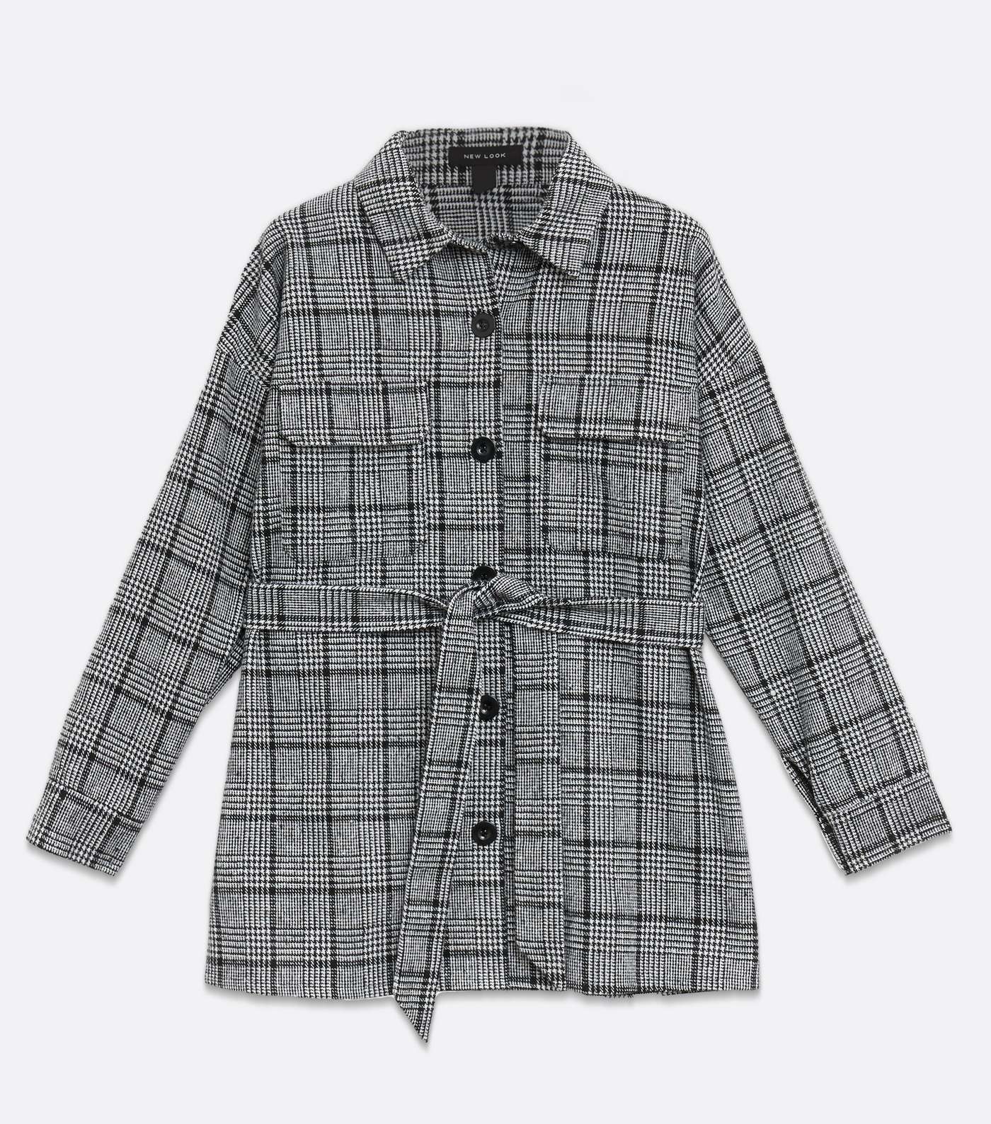 Black Check Tie Front Collared Shacket Image 5
