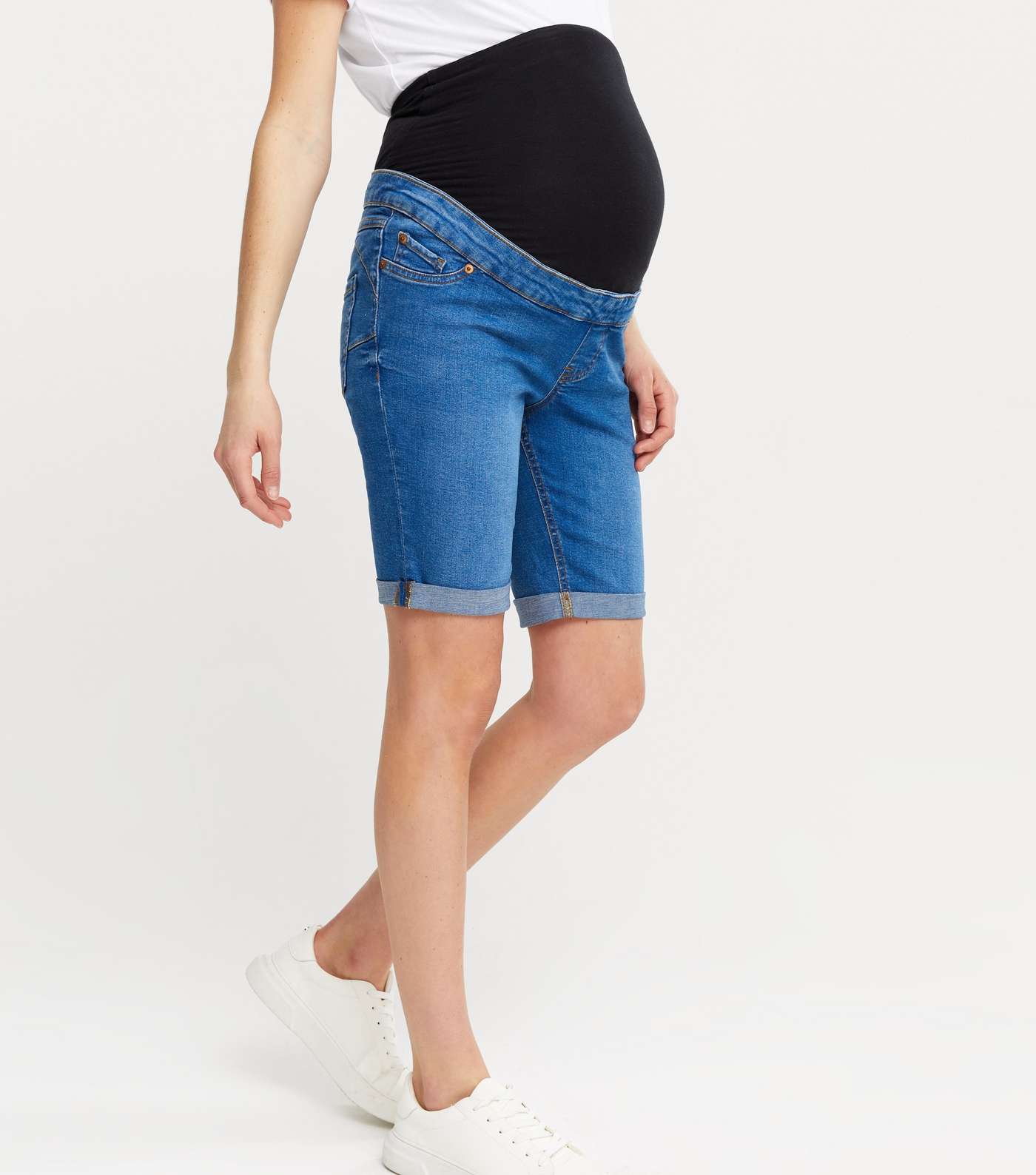 Maternity Blue Denim Lift & Shape Over Bump Knee Shorts Image 2