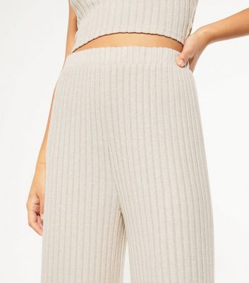 Cream Ribbed Wide Leg Lounge Trousers 