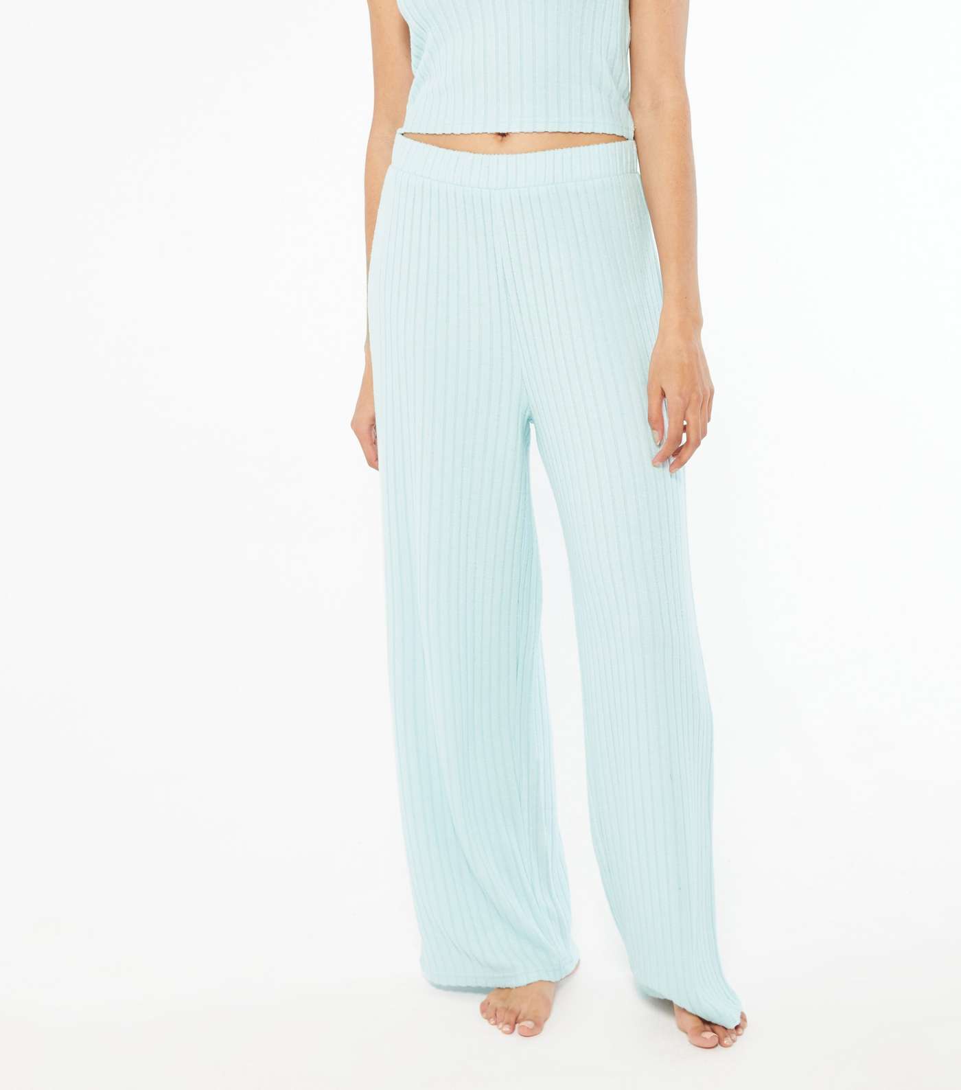 Pale Blue Cream Ribbed Wide Leg Lounge Trousers Image 2