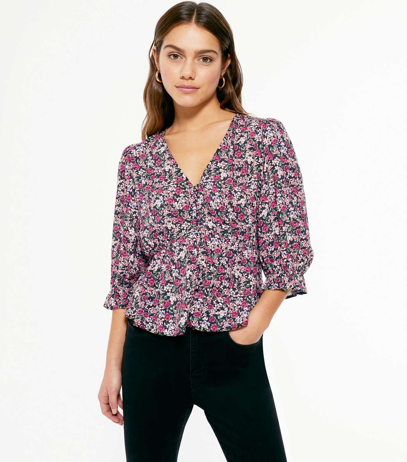 Petite Pink Floral Button Puff Sleeve Blouse