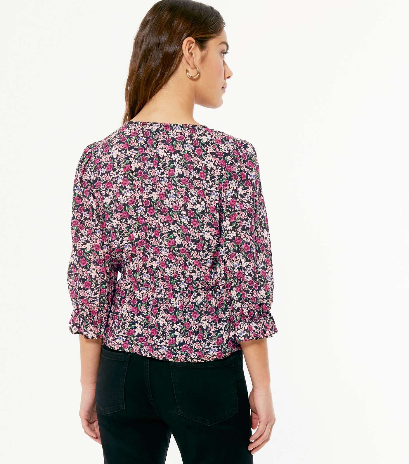Petite Pink Floral Button Puff Sleeve Blouse Image 3
