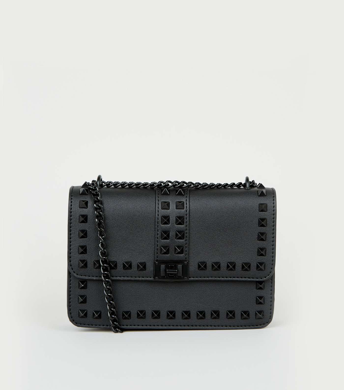 Black Leather-Look Stud Chain Shoulder Bag