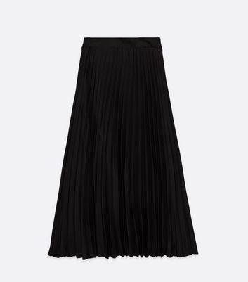 Petite Black Pleated Satin Midi Skirt 