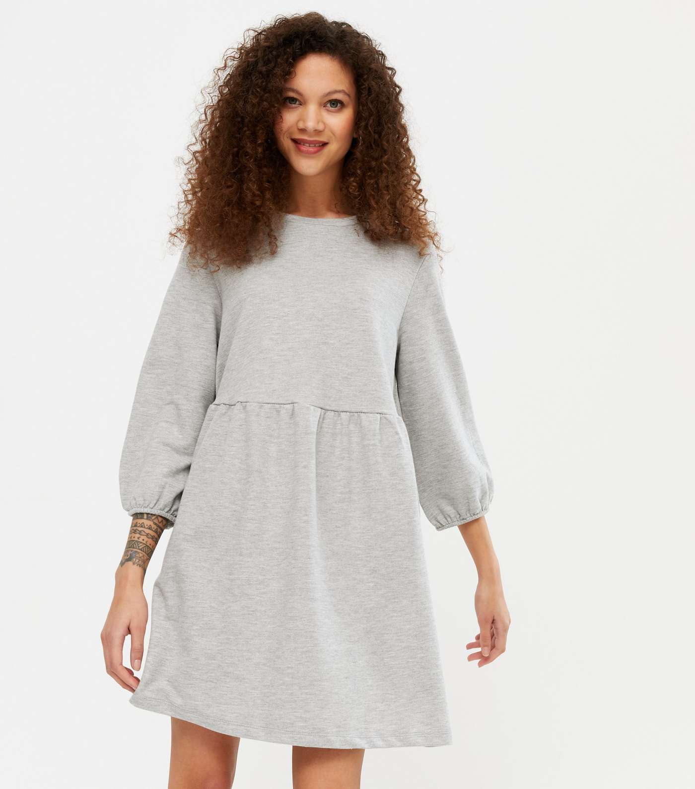Petite Grey Puff Sleeve Sweatshirt Dress