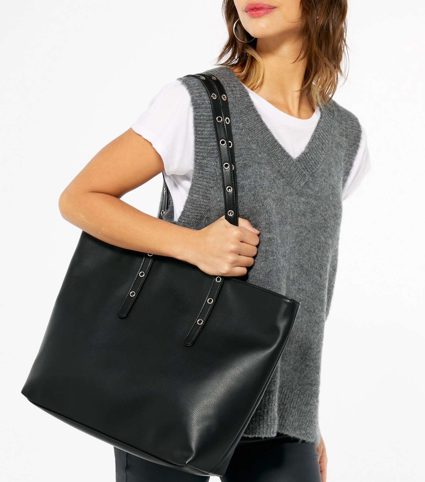 Black Leather-Look Stud Strap Shopper Bag Image 2