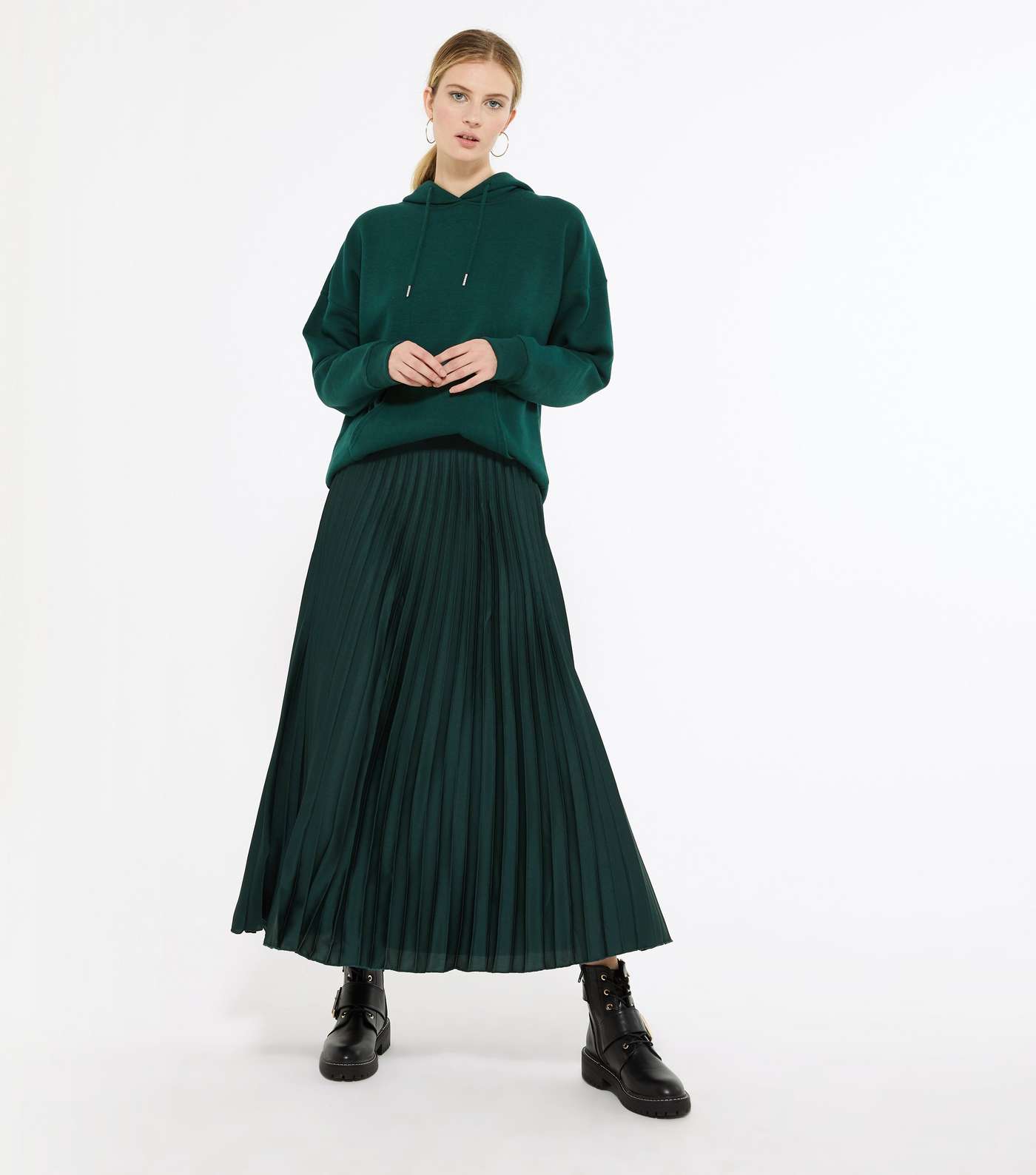 Tall Dark Green Pleated Satin Midi Skirt