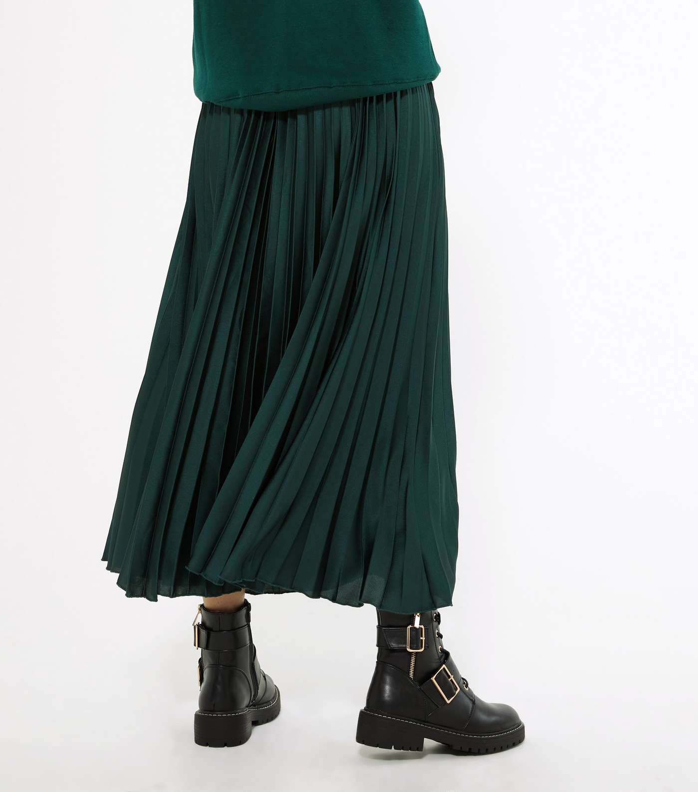Tall Dark Green Pleated Satin Midi Skirt Image 3