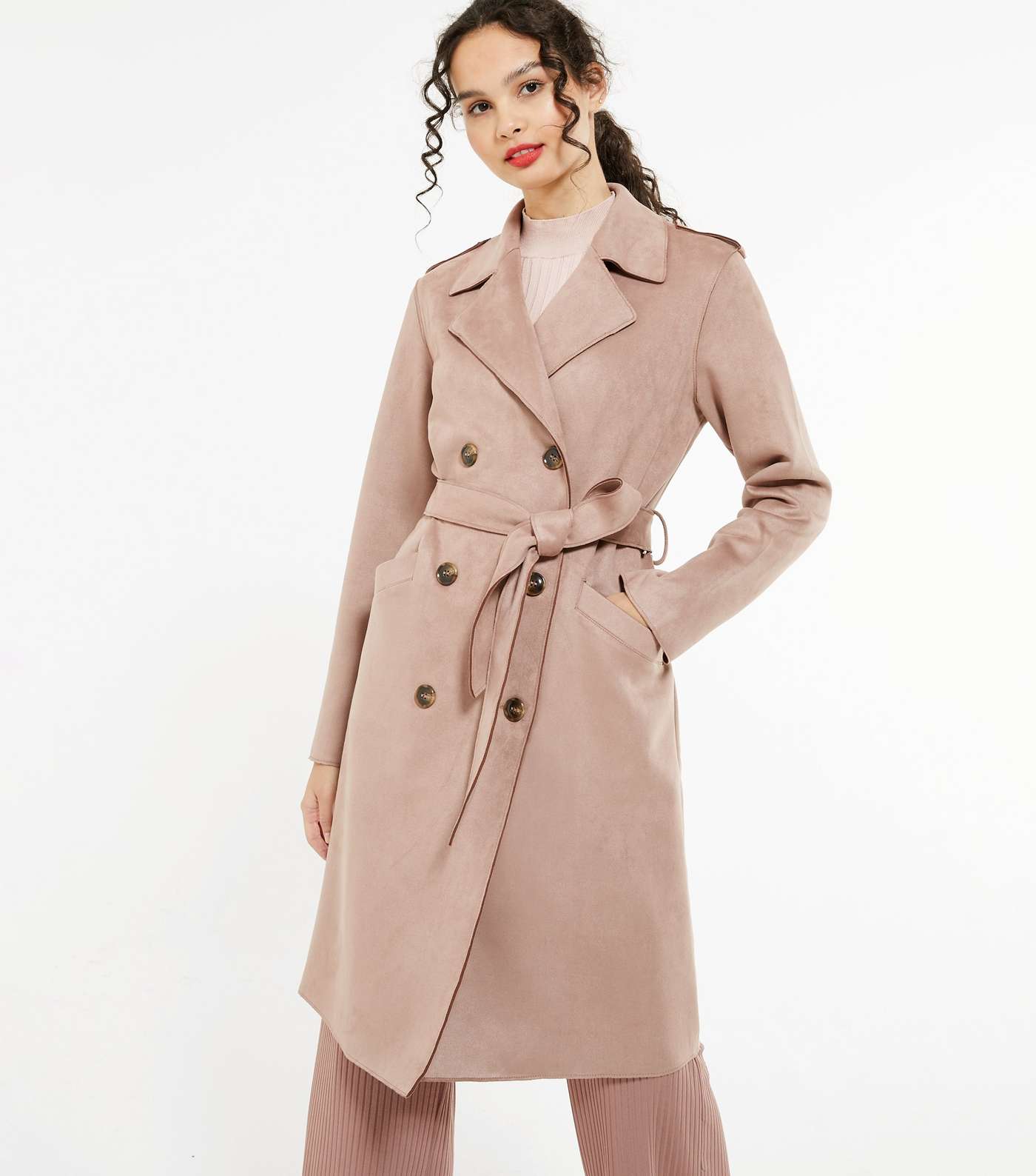 Pale Pink Suedette Belted Trench Coat