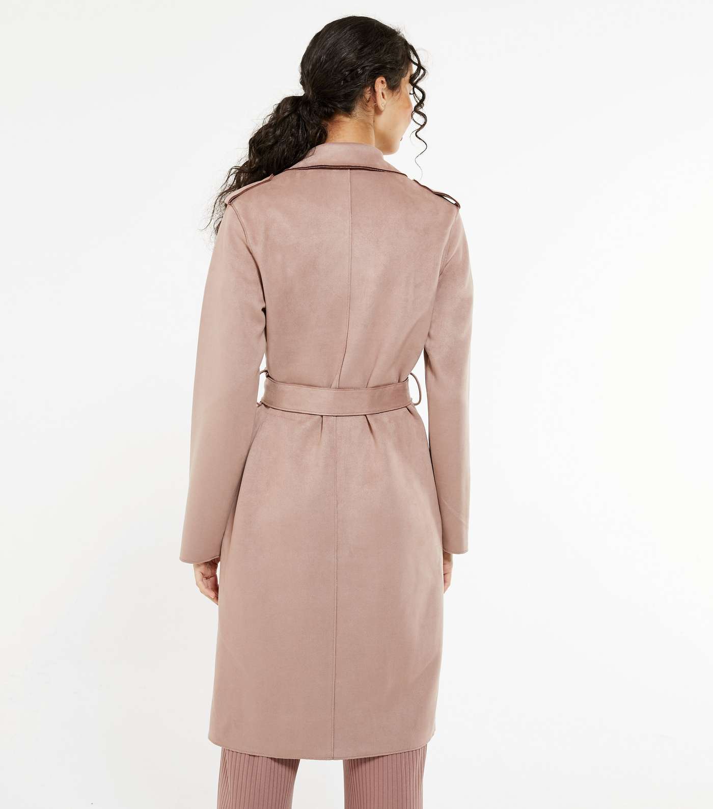Pale Pink Suedette Belted Trench Coat Image 3