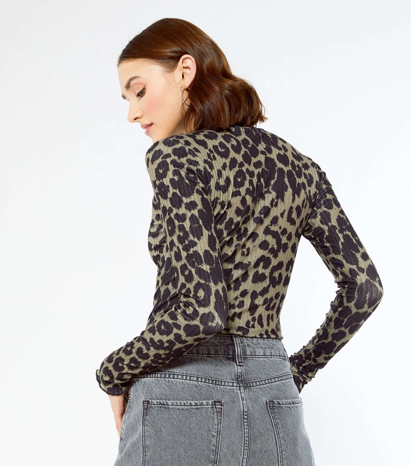 Black Ribbed Leopard Print Frill Neck Bodysuit Image 3