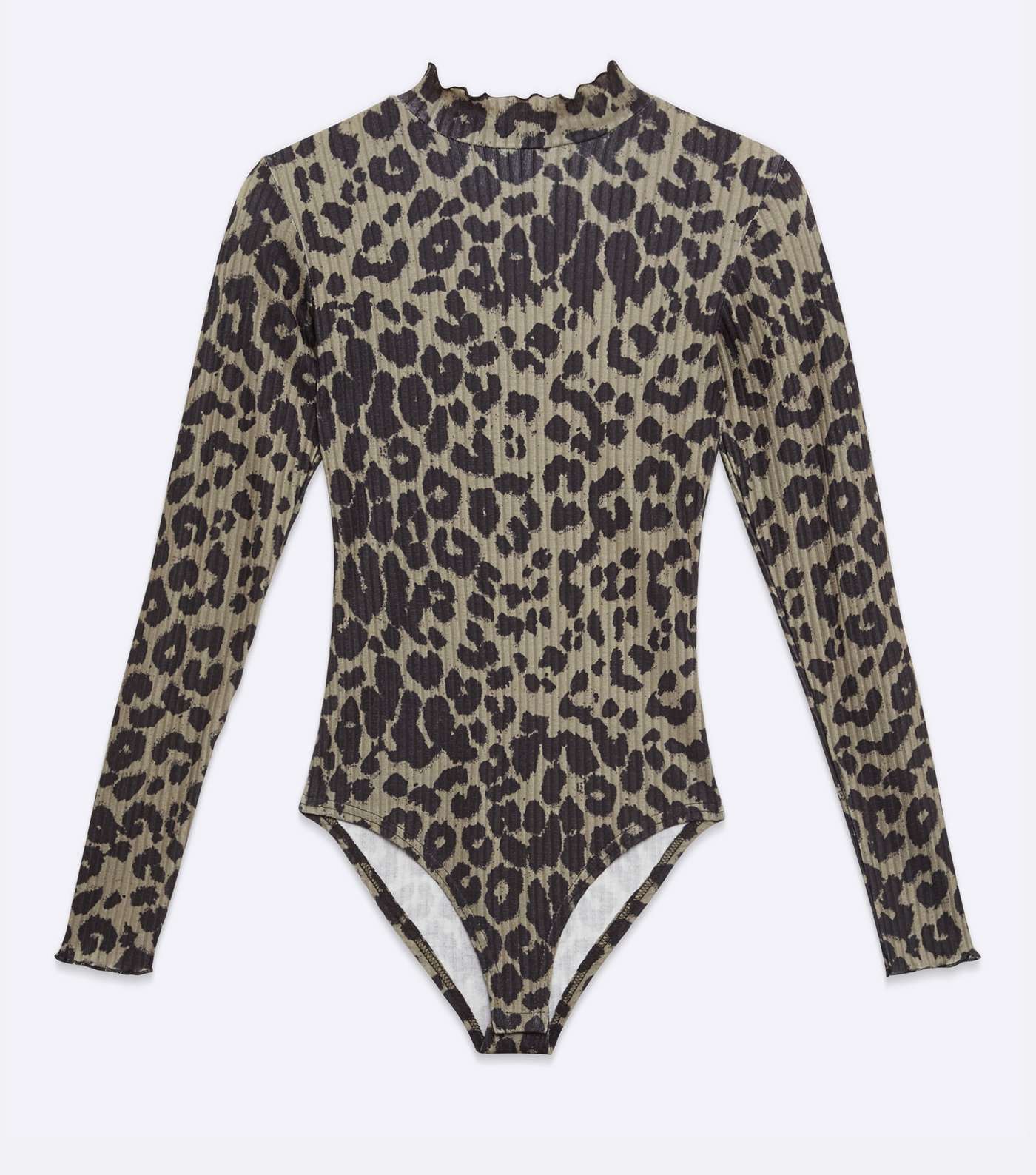 Black Ribbed Leopard Print Frill Neck Bodysuit Image 5